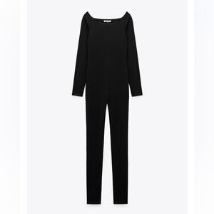 Zara Black Long-Sleeve Scoop-Neck Fitted Jumpsuit